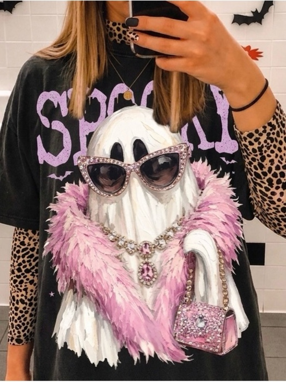 Spooky Ghost Tee with Pink Feather Detail